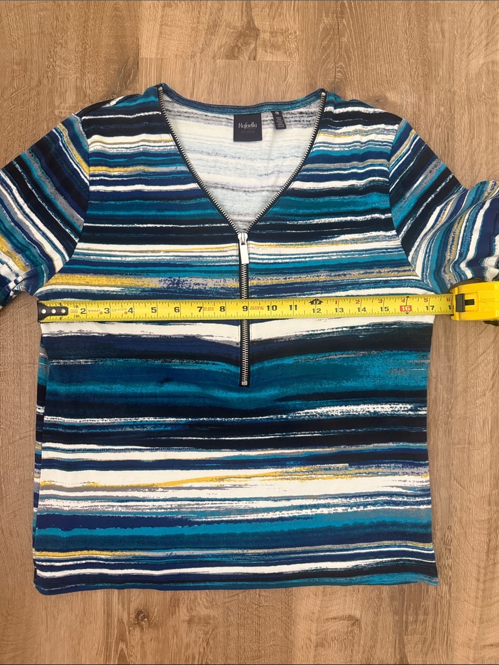 Rafaella Striped Half-Zip V-Neck Top in Teal and Navy Stripe - Picture 7 of 8